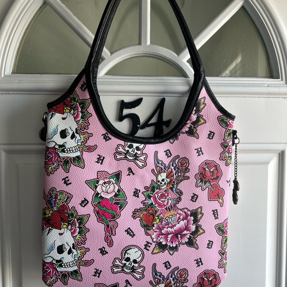 Ed Hardy Pink Skull & Rose Print Women's Tote Bag Price is FIRM